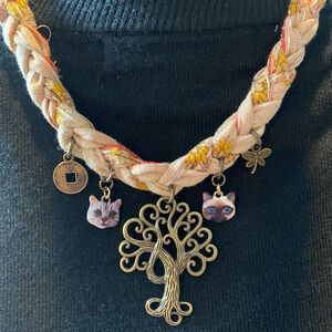 One of a kind Upcycled Kantha Necklace with Cat Charms and Tree Pendant